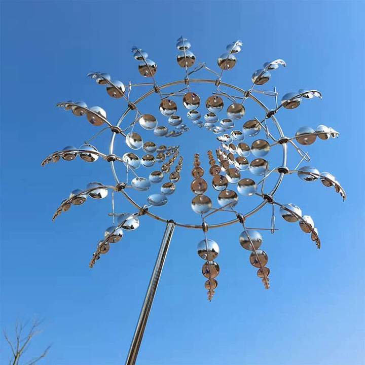 Anti-rust kinetic metal wind spinner, 18 blades, captures wind for garden decor, durable, weatherproof, vibrant spinning art.