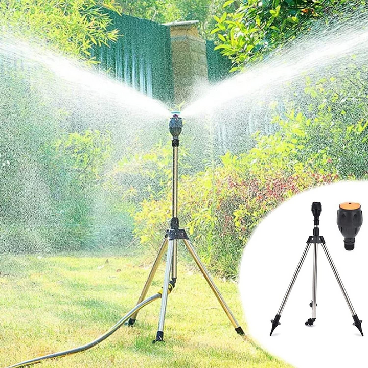 "Automatic rotating garden sprinkler with adjustable tripod, sleek design, wide water coverage, ideal for lawns and flower be