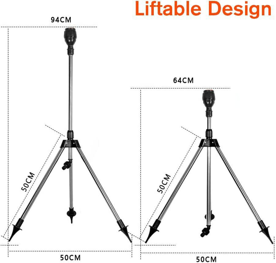 "Automatic rotating garden sprinkler with adjustable tripod, sleek design, wide water coverage, ideal for lawns and flower be