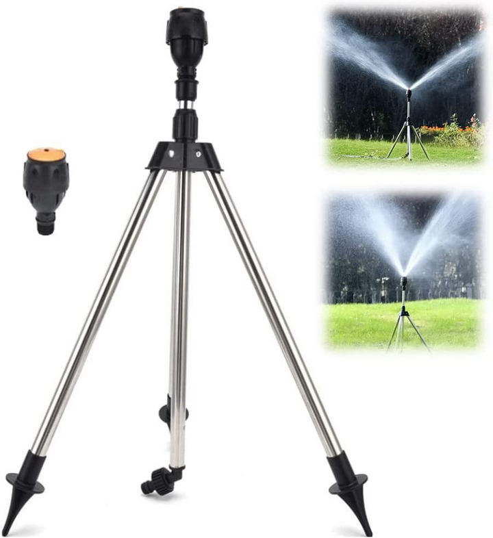 "Automatic rotating garden sprinkler with adjustable tripod, sleek design, wide water coverage, ideal for lawns and flower be