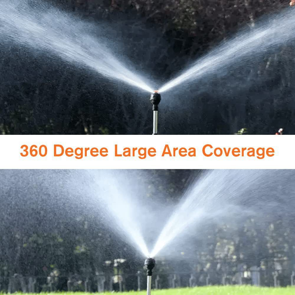 "Automatic rotating garden sprinkler with adjustable tripod, sleek design, wide water coverage, ideal for lawns and flower be