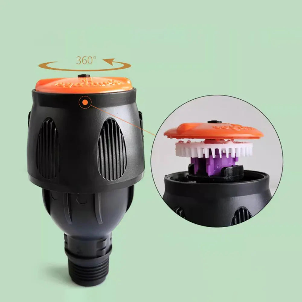 "Automatic rotating garden sprinkler with adjustable tripod, sleek design, wide water coverage, ideal for lawns and flower be