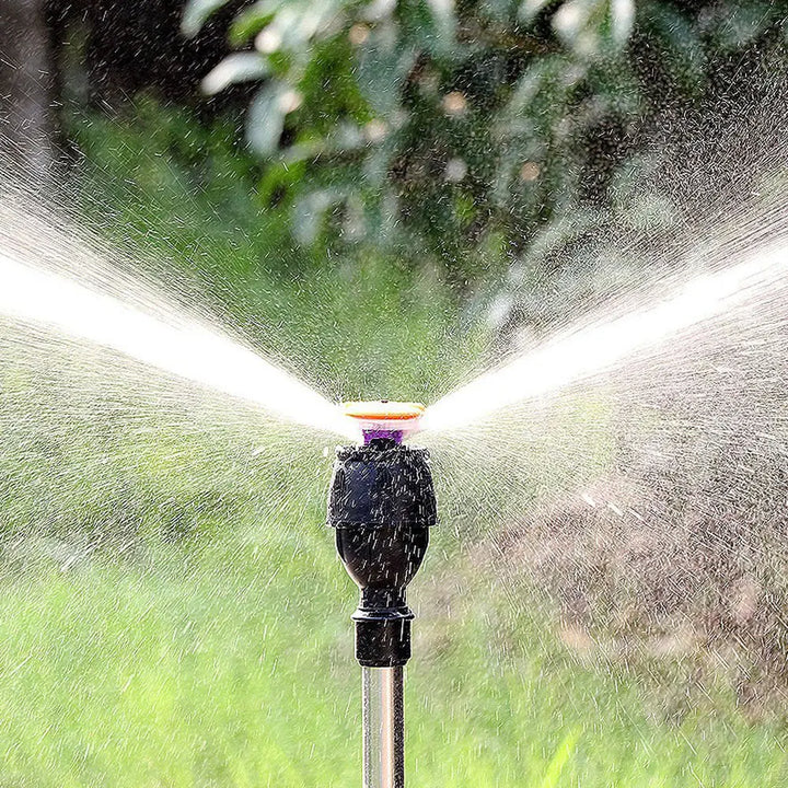 "Automatic rotating garden sprinkler with adjustable tripod, sleek design, wide water coverage, ideal for lawns and flower be