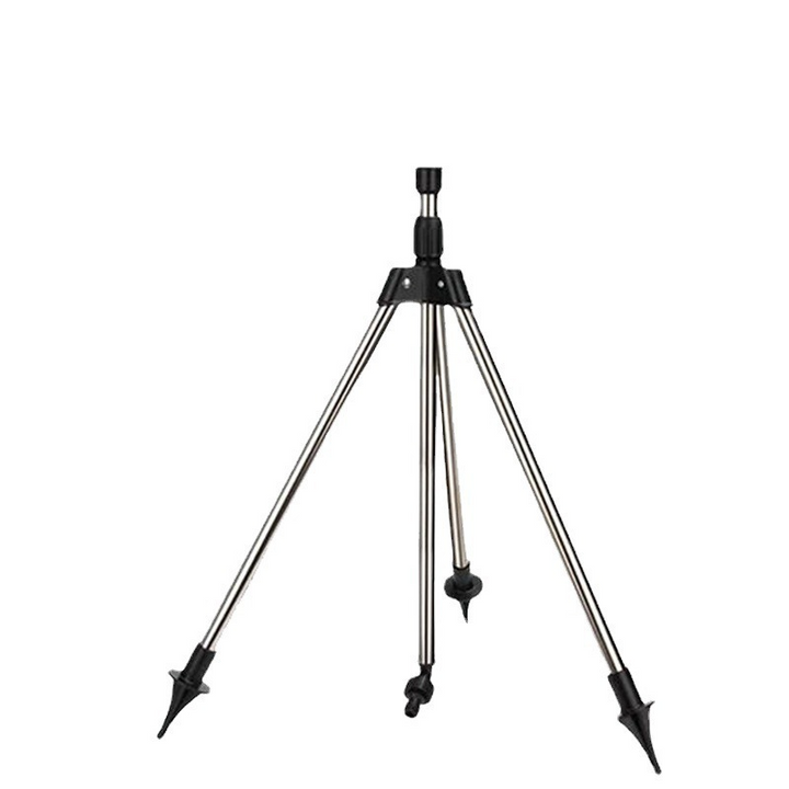 "Automatic rotating garden sprinkler with adjustable tripod, sleek design, wide water coverage, ideal for lawns and flower be