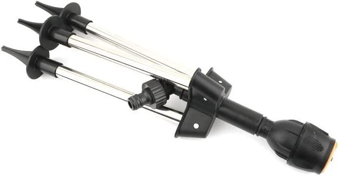 "Automatic rotating garden sprinkler with adjustable tripod, sleek design, wide water coverage, ideal for lawns and flower be