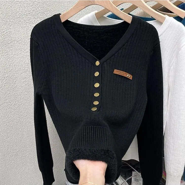 Women's V-Neck Warm Knit Sweater with Button Detail