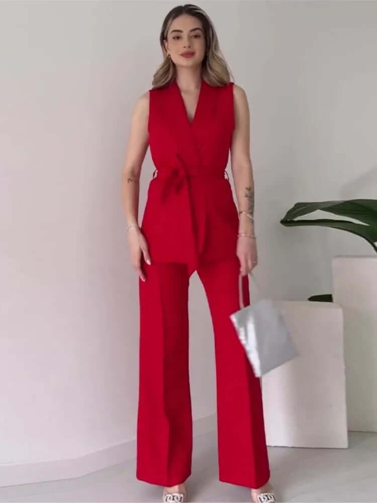 Women's Sleeveless Blazer Suit: Tailored Fit, V-Neck, High-Waisted Trousers