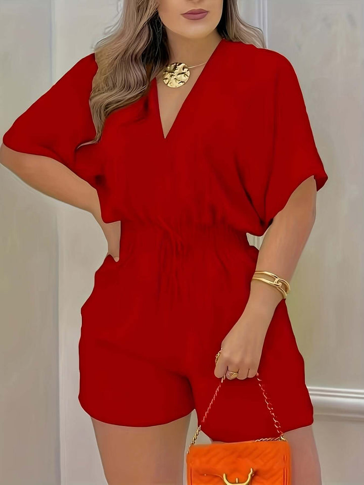 Women's V-Neck Short Sleeve Shirred Waist Romper Jumpsuit