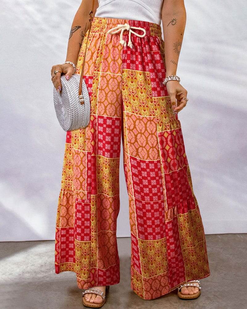 Women's Wide Leg Palazzo Trousers: High Waist, Drawstring, Boho Style