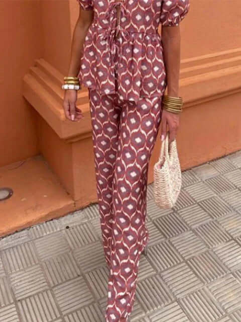 Women's Boho Chic Two-Piece Set: Puff Sleeve Top & Wide Leg Pants