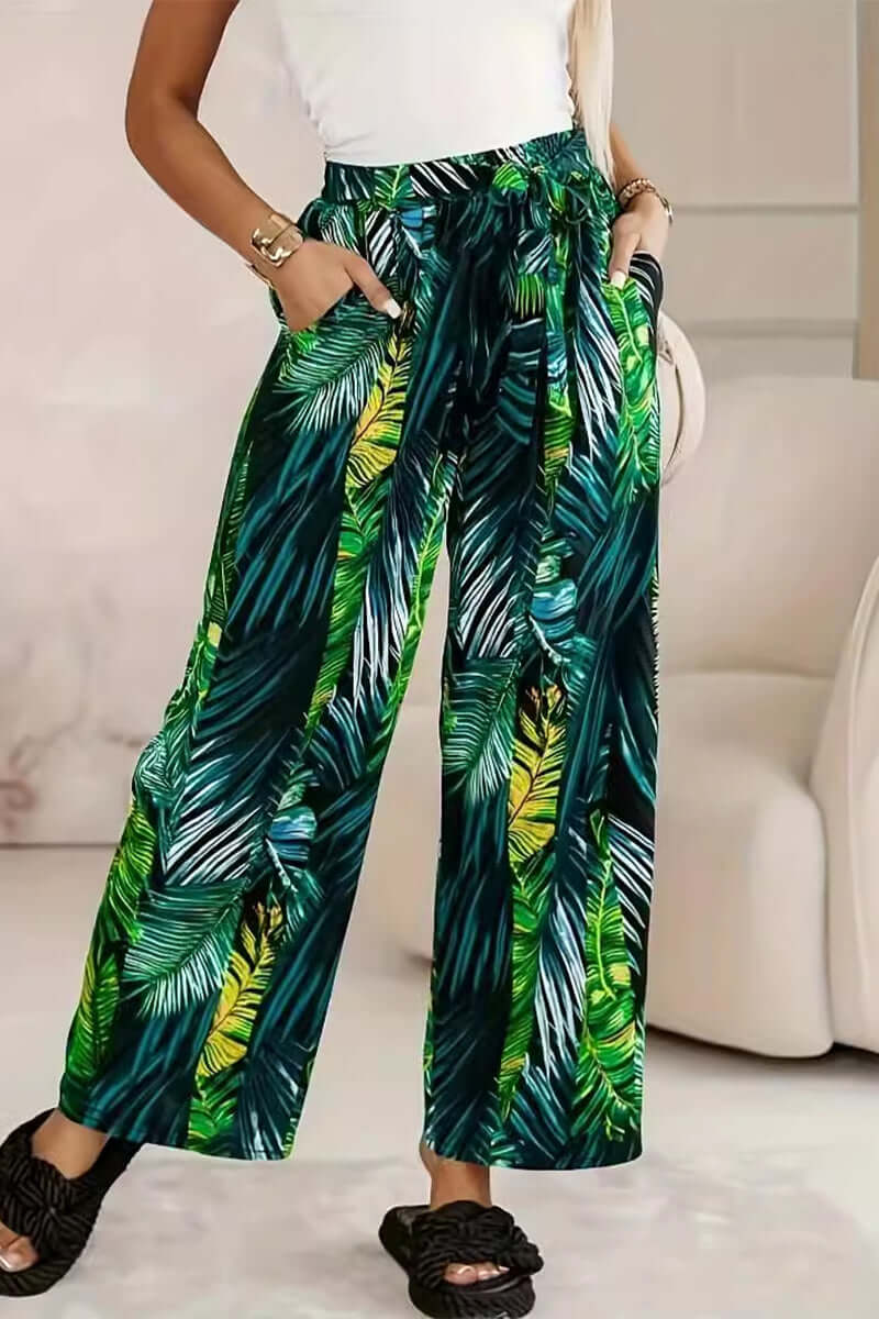 Women's Wide-Leg Tropical Print Trousers: Elastic Waist, Casual Style