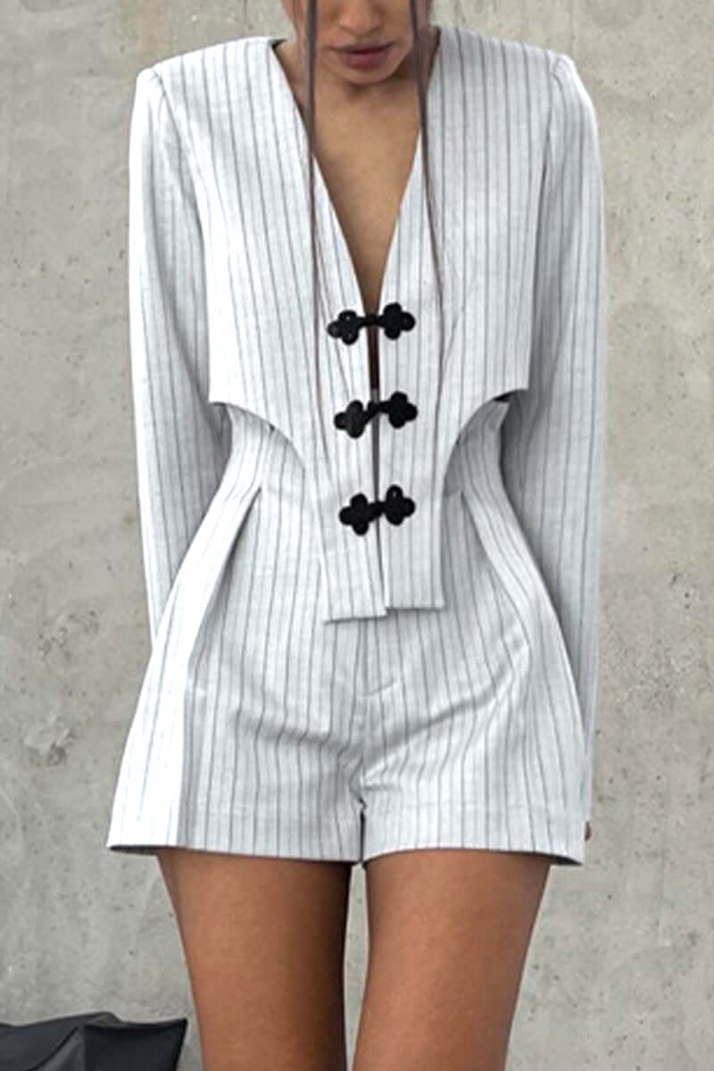 Women's Long-Sleeve V-Neck Top & High-Waist Shorts Set