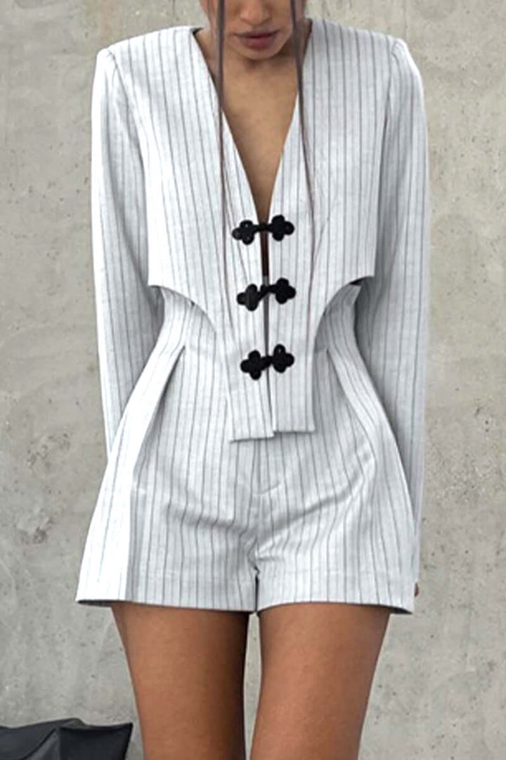 Women's Long-Sleeve V-Neck Top & High-Waist Shorts Set