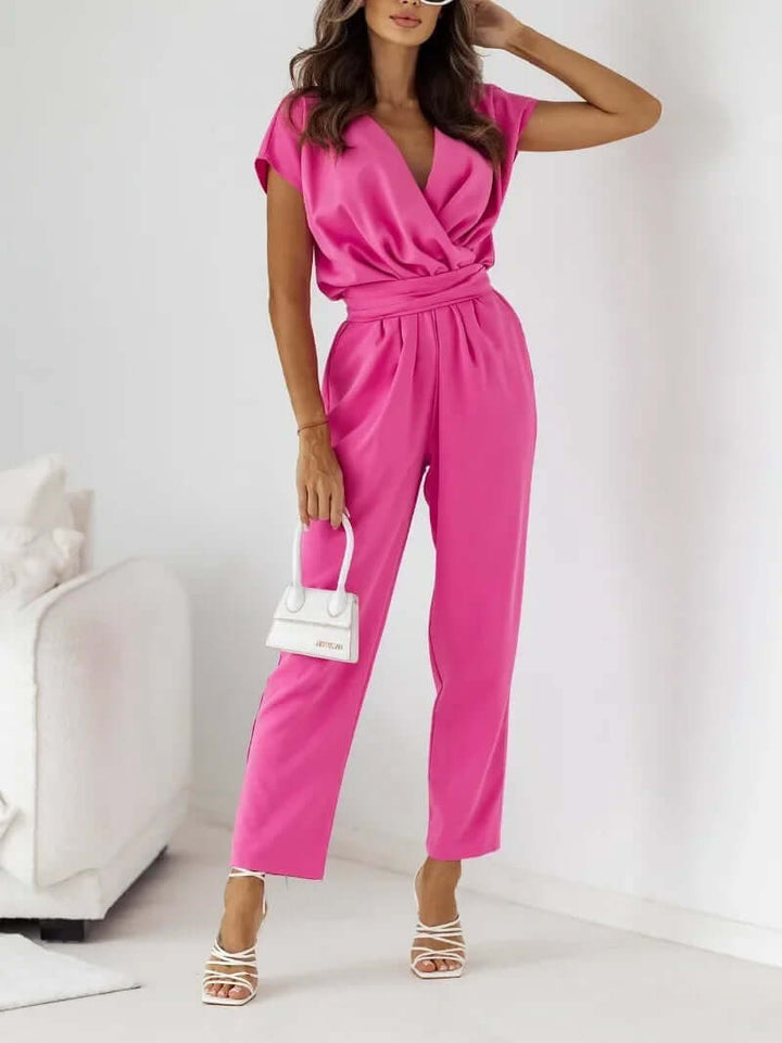 Women's Short Sleeve Wrap Jumpsuit, Tailored Fit, V-Neck