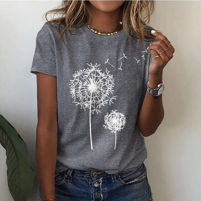 Elegant Dandelion Print Cotton T-Shirt