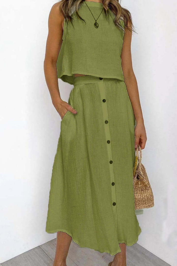 Women's Relaxed Fit Round Neck Top & Midi Skirt Set