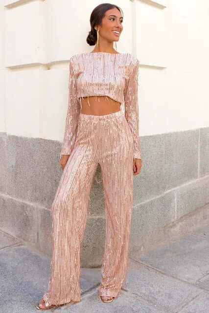 Sequin Crop Top & High-Waisted Pants Set