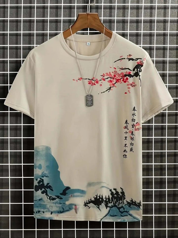 Men's Artistic Blossom & Wave Short Sleeve T-Shirt