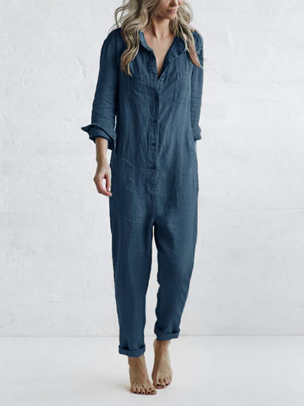 Women's Relaxed Fit Linen Jumpsuit with Roll Tab Sleeves