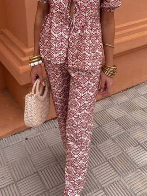 Women's Boho Chic Two-Piece Set: Puff Sleeve Top & Wide Leg Pants