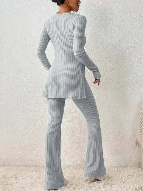 Women's Ribbed Knit Set: Long Sleeve Top & Flared Trousers