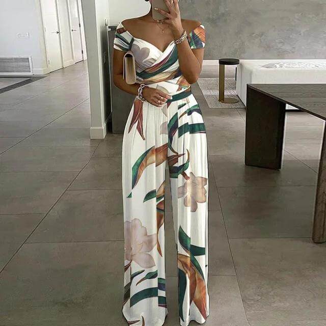 Women's Floral Wide Leg Jumpsuit: Off-Shoulder Wrap