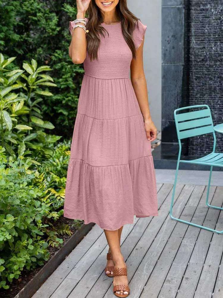 Women's A-Line Midi Dress with Flutter Sleeves