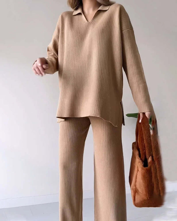 Women's Cozy Knit Loungewear Set: V-Neck Top & Flared Pants
