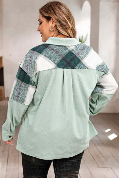 Plus Size Plaid Jacket: Women's Autumn/Winter Button-Front Pocket Jacket