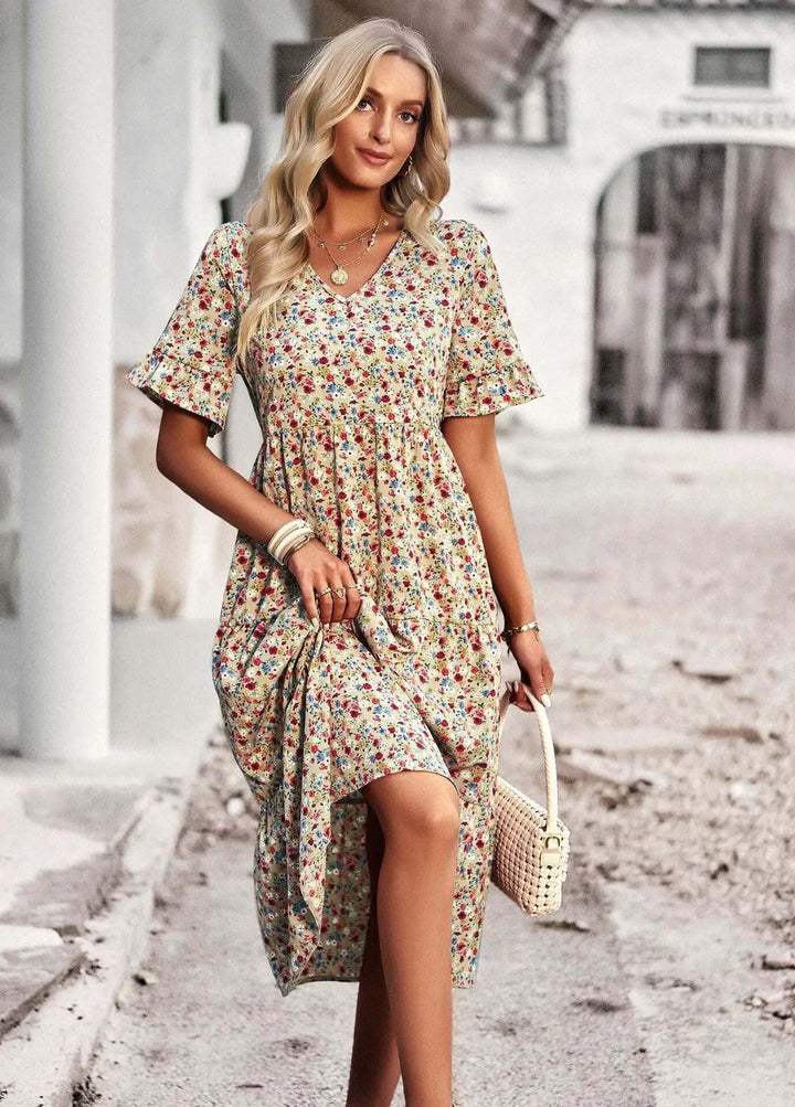 Floral Print Short Sleeve V-Neck Summer Dress