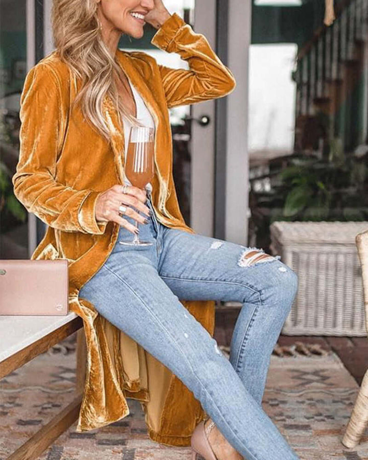 Women's Long Velvet Duster Cardigan - Relaxed Fit, Open Front