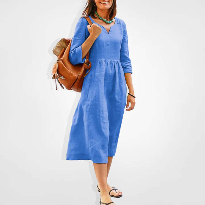 Women's Casual Midi Dress: V-Neck, Empire Waist, 3/4 Sleeves