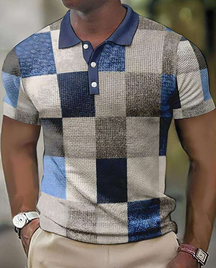 Men's Short Sleeve Polo Shirt with Geometric Patchwork