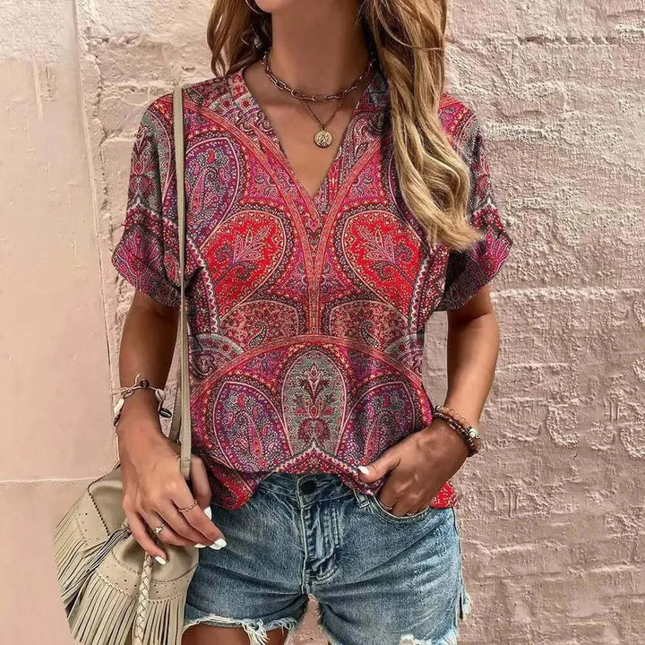Women's Short Sleeve V-Neck Paisley Blouse