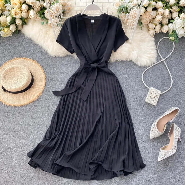 Women's Knee-Length Pleated Dress: Elegant V-Neck High Waist