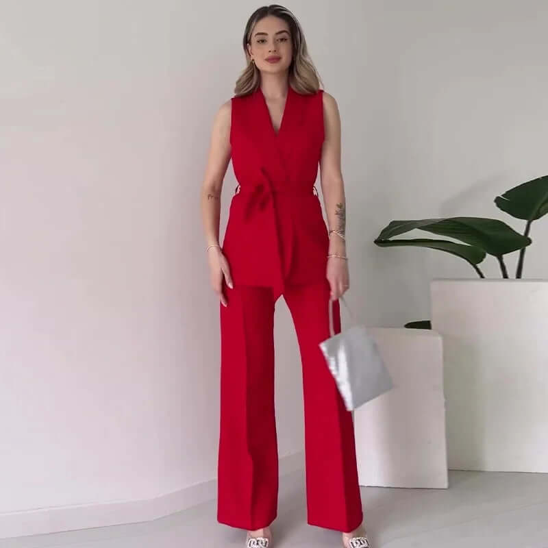 Women's Sleeveless Blazer Suit: Tailored Fit, V-Neck, High-Waisted Trousers