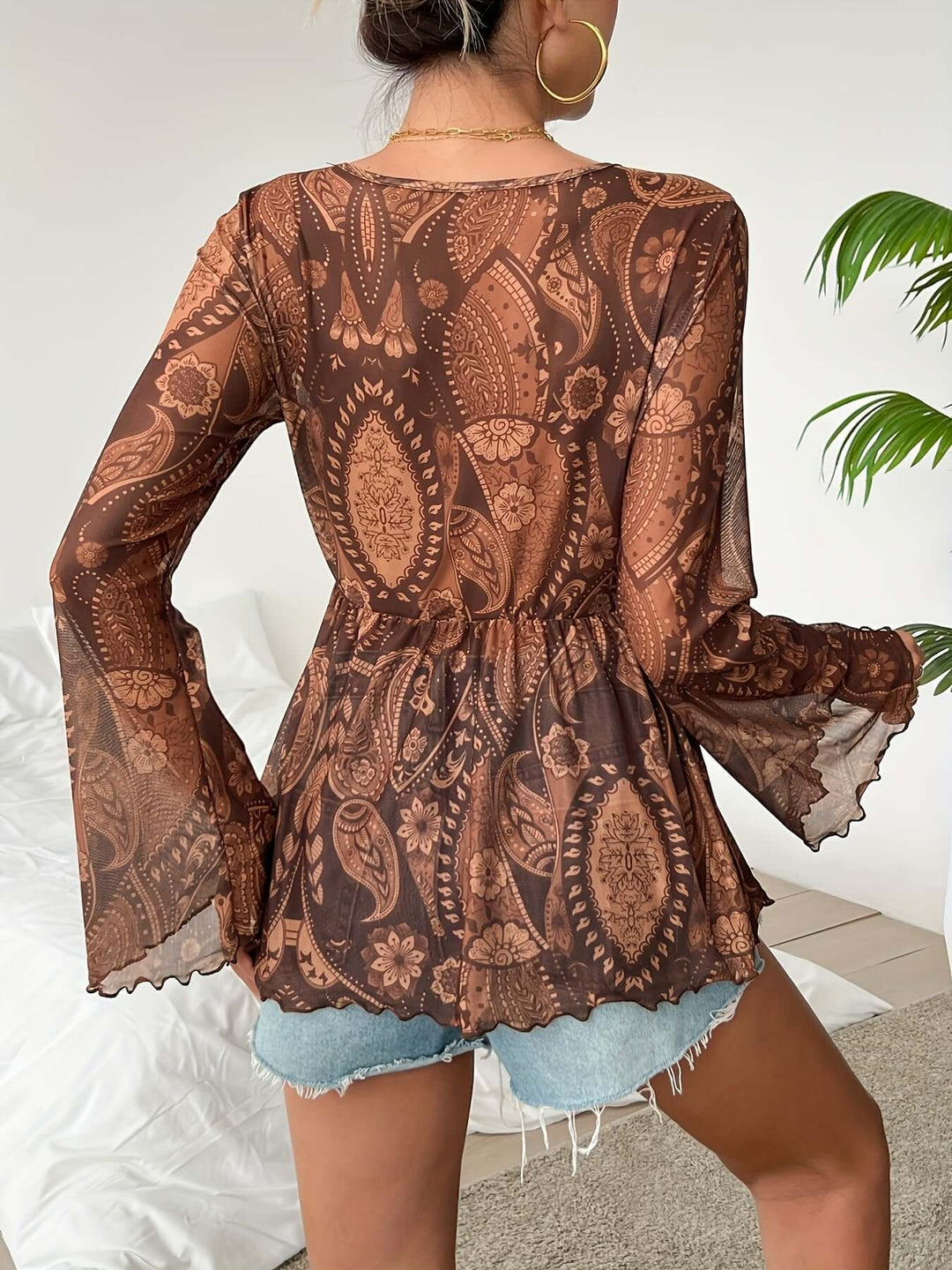 Women's Bohemian V-Neck Blouse with Flared Sleeves