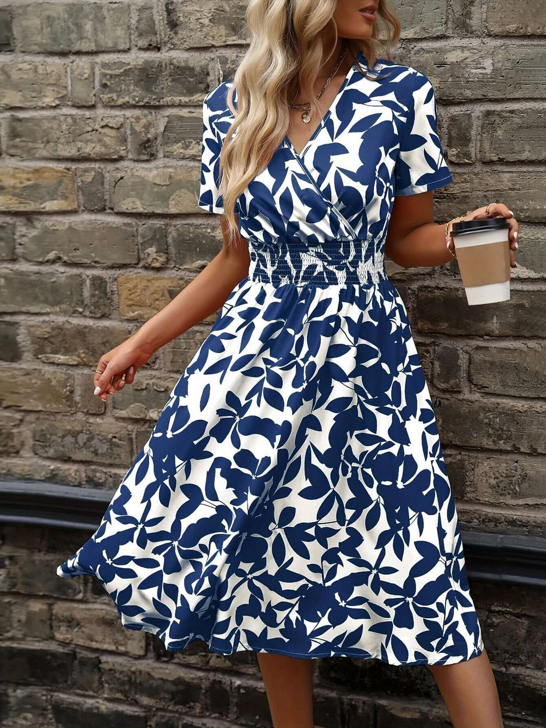 Elegant Floral Midi Dress with Smocked Detail