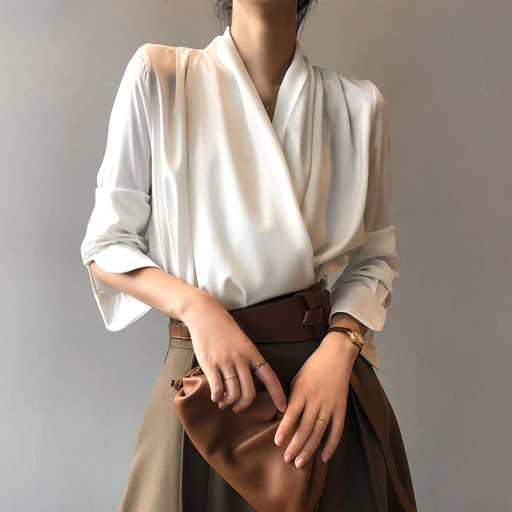 Women's Long-Sleeve Pleated Drape Blouse