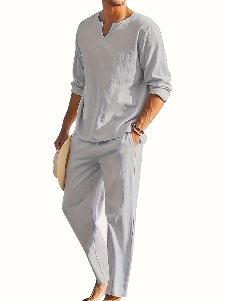 Men's Casual Two-Piece Outfit: V-Neck Top & Relaxed Trousers