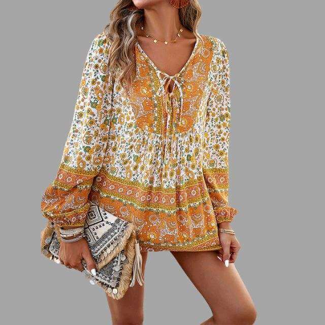 Women's Bohemian Long Sleeve V-Neck Blouse