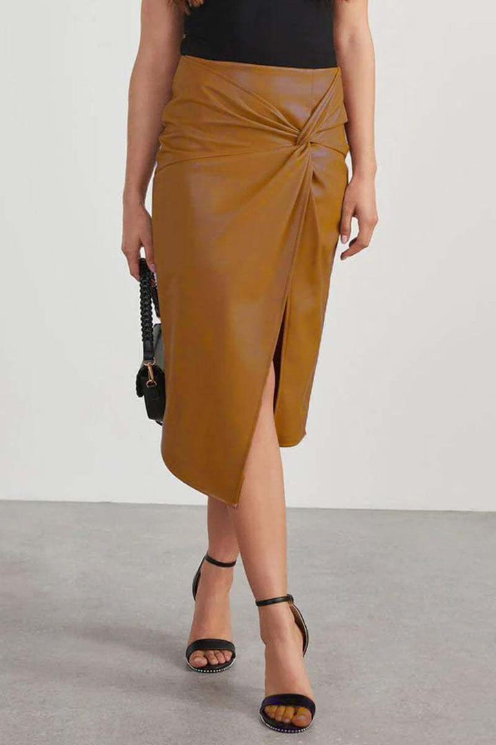 High-Waisted Faux Leather Pencil Skirt with Ruched Detail