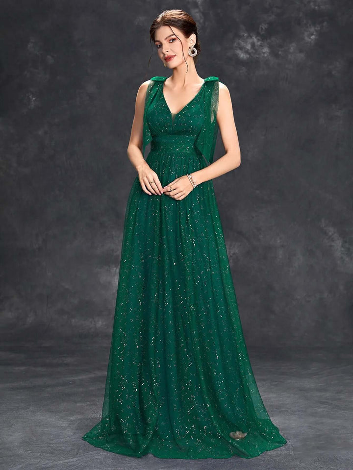 Elegant Floor-Length Evening Gown with Glitter