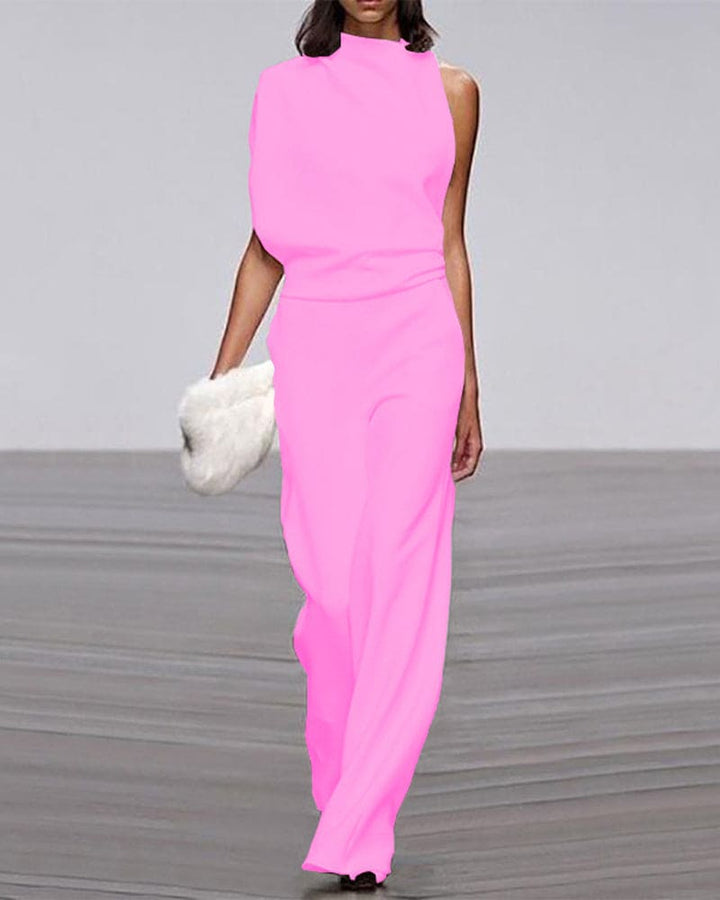 Women's Sleeveless Wide Leg Jumpsuit: Mock Neck Elegance