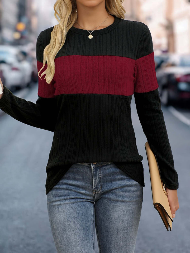 Women's Long Sleeve Ribbed Color-Block Top