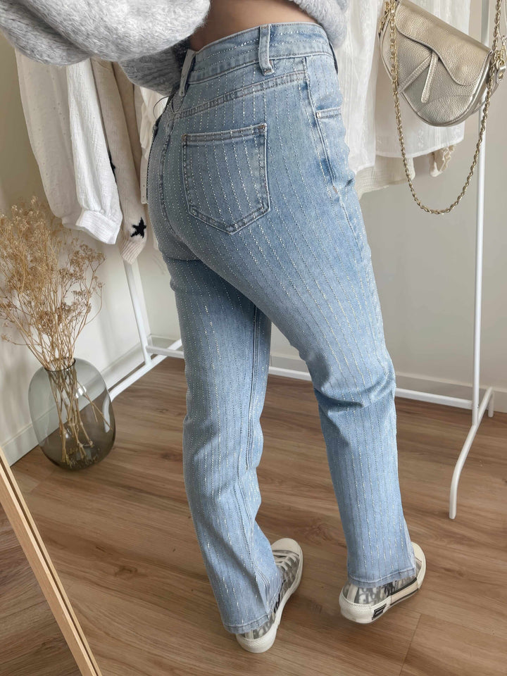 Women's Straight Leg Jeans with Embellished Stripe