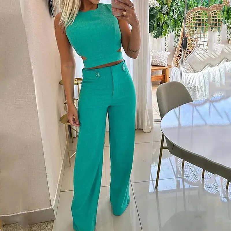 Women's Round Neck Top & Wide Trouser Set