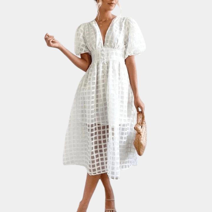 Women's Checkered Midi Dress: Puff Sleeves & Deep V-Neck
