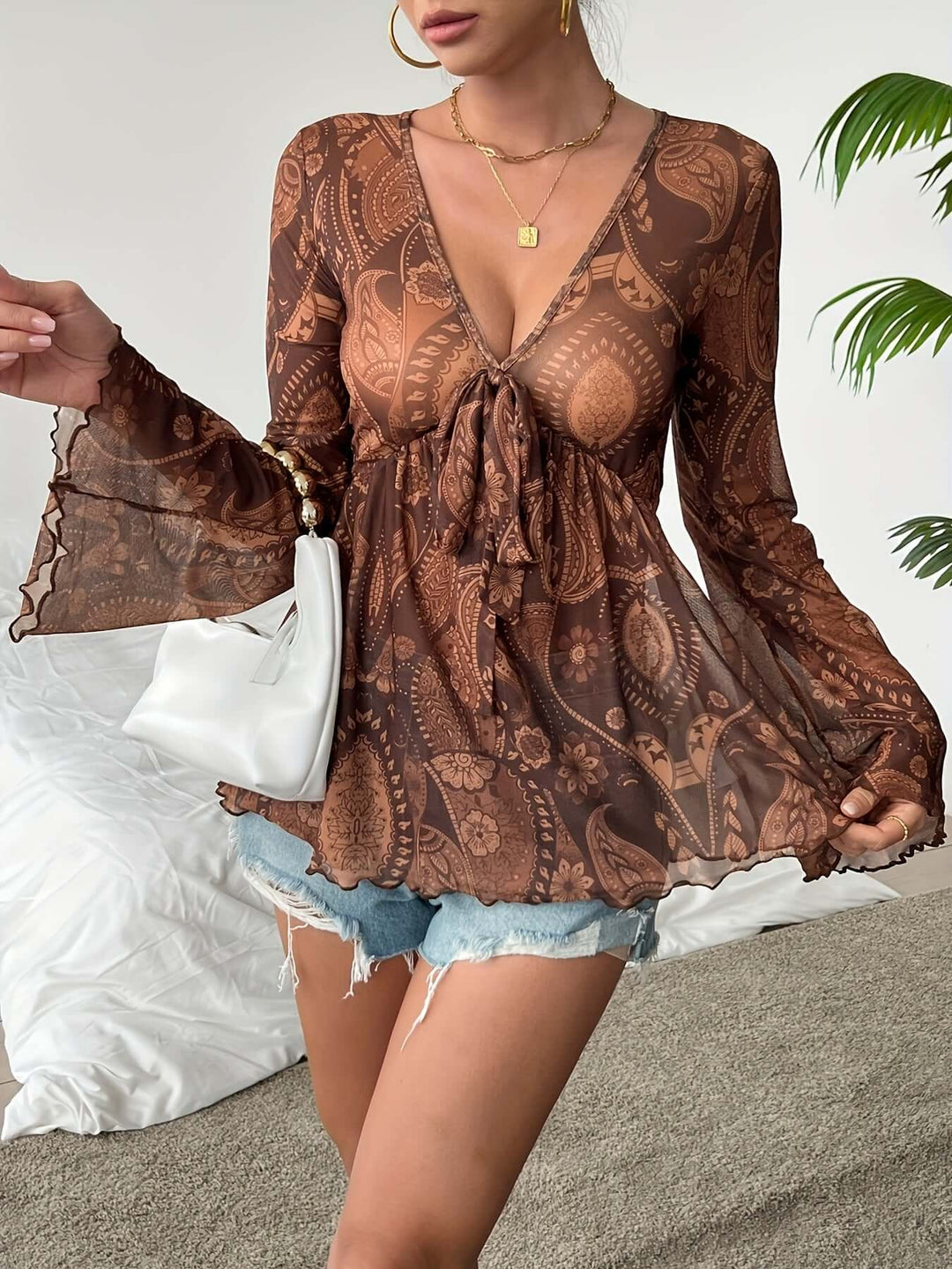 Women's Bohemian V-Neck Blouse with Flared Sleeves