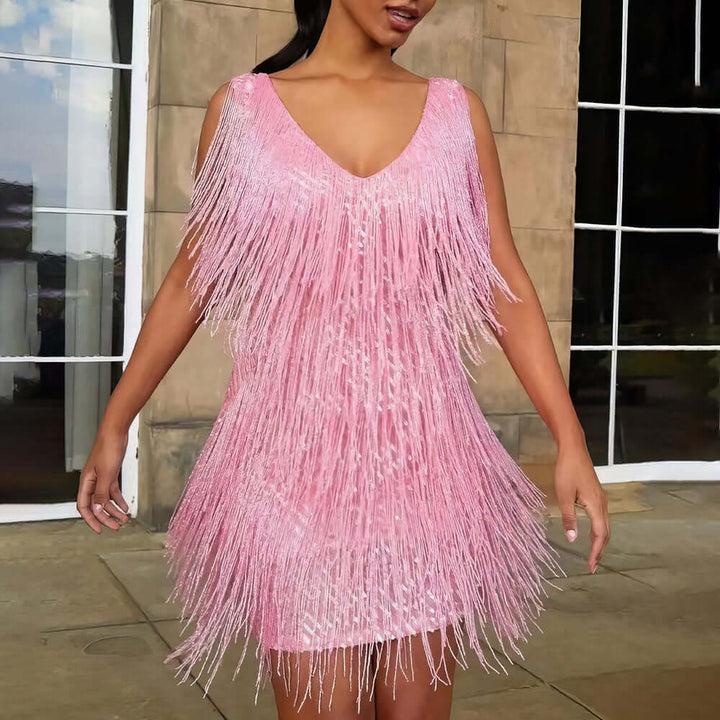 1920s Flapper Dress: Sleeveless V-Neck Fringe Detail Evening Gown